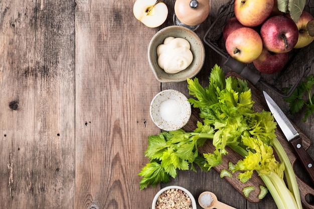 Fresh vegetables and herbs on table